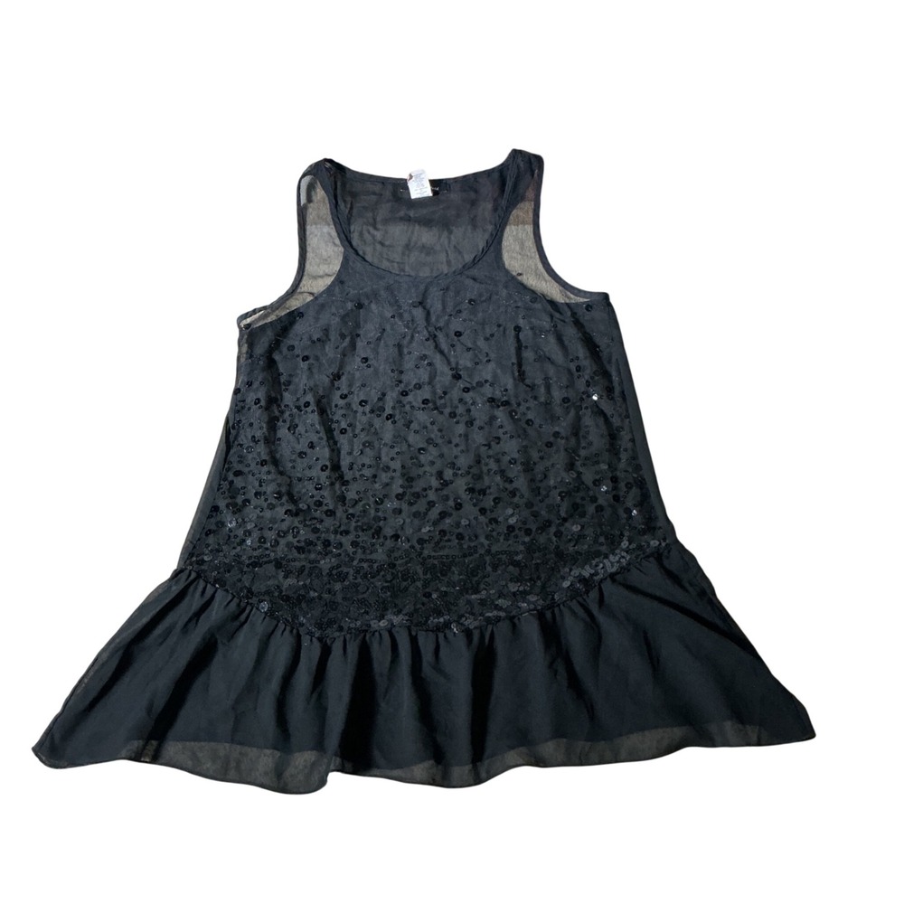 Love Lily Loved Sequin Mesh Peplum Tank Top Women Medium Black Sheer Ruffle Hem
